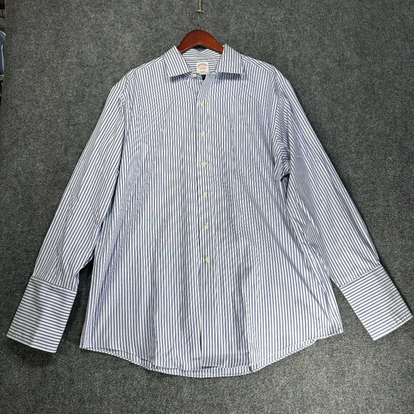 Brooks Brothers Shirt Mens 17 Regular Fit Non Iron Blue White Stripe Pima Cotton - Picture 1 of 8